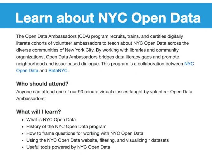 A photo of the NYC Open Data Ambassadors homepage, containing information on the program, who should attend and what attendees will learn during a class.