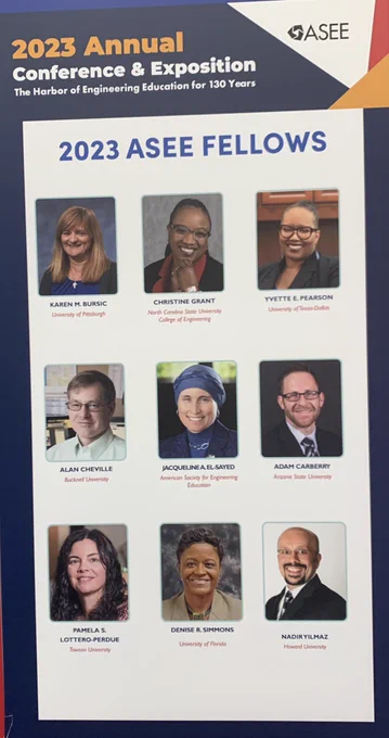 Headshots of 2023 ASEE Fellows: Karen Bursic, Christine Grant, Yvette E. Pearson, Alan Cheville, Jacqueline El-Sayed, Adam Carberry, Pamela Lottero-Purdue, Denise Simmons and Nadir Yilmaz