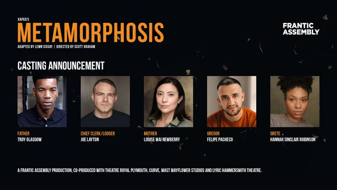 Casting announcement for Kafka's Metamorphosis, adapted by Lemn Sissay and directed by Scott Graham. 

Father - Troy Glasgow. 
Chief Clerk/Lodger: Joe Layton. 
Mother: Louise Mai Newberry. 
Gregor: Felipe Pacheco. 
Grete: Hannah Sinclair Robinson. 

Co-produced with Theatre Royal Plymouth, Curve, MAST Mayflower Studios and Lyric Hammersmith Theatre. 