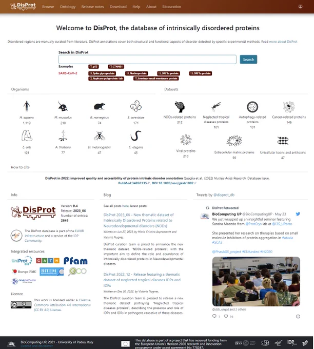DisProt homepage listing all the thematic datasets and orgnisms available now.