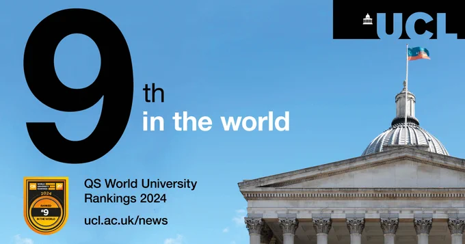 The portico of UCL's Wilkins Building with text overlaid saying "9th in the world. QS World Rankings by Subject 2024. ucl.ac.uk/news"
