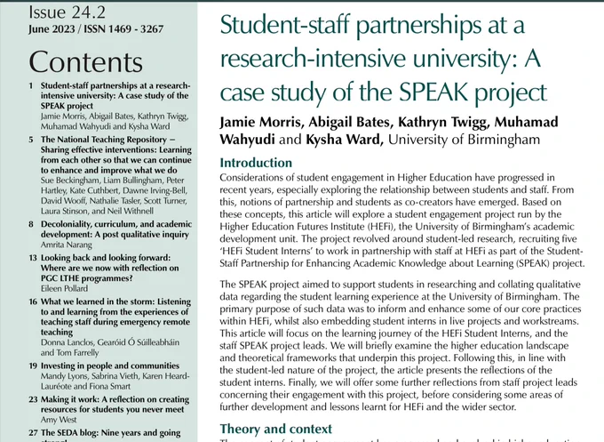 A screenshot of the content list and first two paragraphs of the lead article of SEDA Ed Devs 24.2
