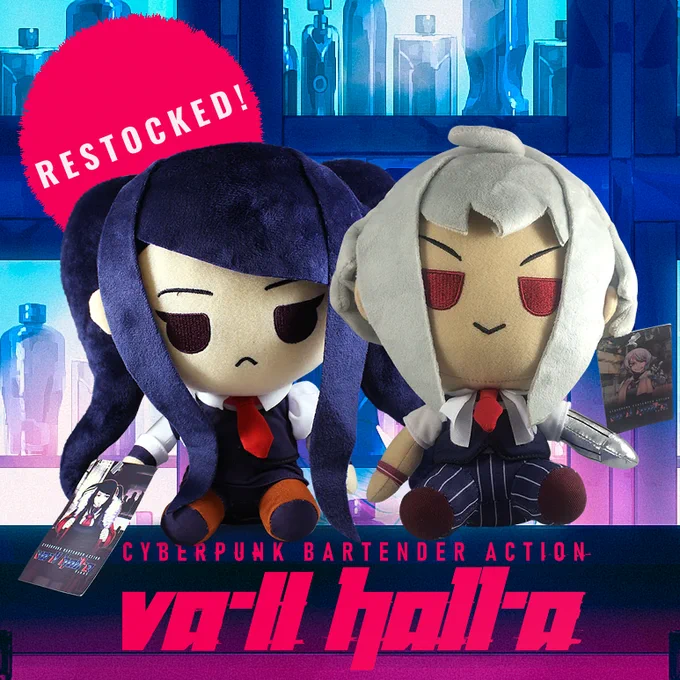 Jill and Dana from the game Valhalla: Cyberpunk Bartender Action but they're plushies! They're sitting on a bar and the word restocked appears behind Jill's head. If you really wanted, they could hold hands.