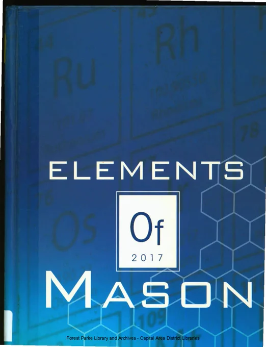 Yearbook front cover. The graphic design shows part of a periodic table over a blue background. Text in white reads "Elements of Mason 2017"