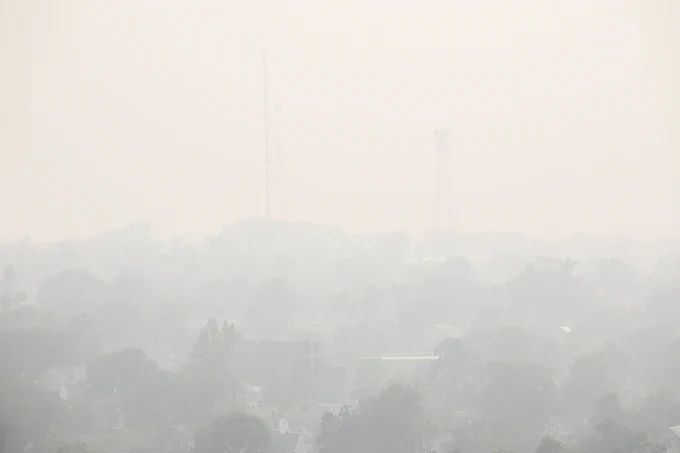  Haze obscures the skyline in Cedar Rapids, Iowa on Tuesday, June 27, 2023. Smoke from wildfires in Canada caused low air quality and obscured visibility. (Nick Rohlman/The Gazette)