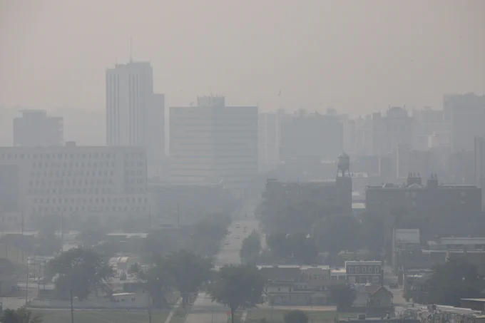  Haze obscures the skyline in Cedar Rapids, Iowa on Tuesday, June 27, 2023. Smoke from wildfires in Canada caused low air quality and obscured visibility. (Nick Rohlman/The Gazette)