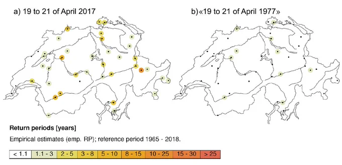 The figure shows that climate change has already made cold extremes in Switzerland noticeably rarer. A 3-day extreme cold event that occurred in spring 2017 would not have been an exceptional event in 1977 (40 years earlier).