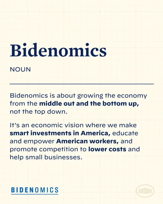Bidenomics
Noun

Bidenomics is about growing the economy from the middle out and the bottom up, not the top down.

It’s an economic vision where we make smart investments in America, educate and empower American workers, and promote competition to lower costs and help small businesses.