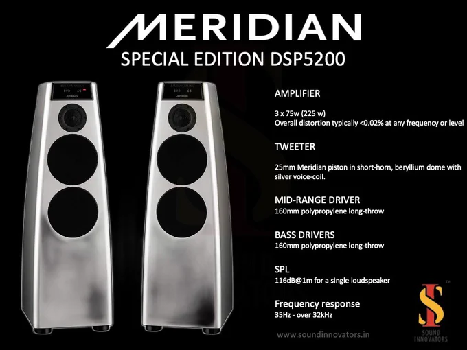 MERIDIAN AUDIO REFERENCE SPECIAL EDITION DSP5200
Floor Standing Speakers

The Meridian Audio DSP5200SE contains a completely matched audio system, giving the highest overall quality, lower power consumption, and the performance of a traditional passive loudspeaker eight times the physical volume.

Visit: - https://soundinnovators.in