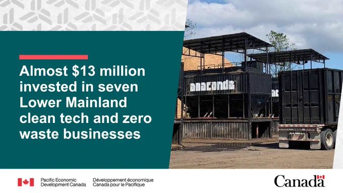 Image of Anaconda Systems Limited organic waste management  technology. Text reads: Almost $13 million invested in seven Lower Mainland clean tech and zero waste businesses. 