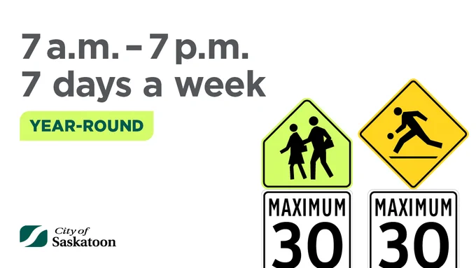 Graphic with white background and street sign images for playground and school zones maximum 30. Text reads 7 a.m. - 7 p.m. 7 days a week, year-round. 