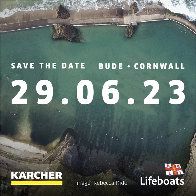 Aerial view of Bude sea pool with logos of Karcher bottom left and RNLI bottom right. Caption reads: Save the date Bude Cornwall 29.06.23
