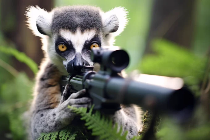 Lemur aiming a sniper rifle. Jungle, Canon EOS 5D --ar 3:2