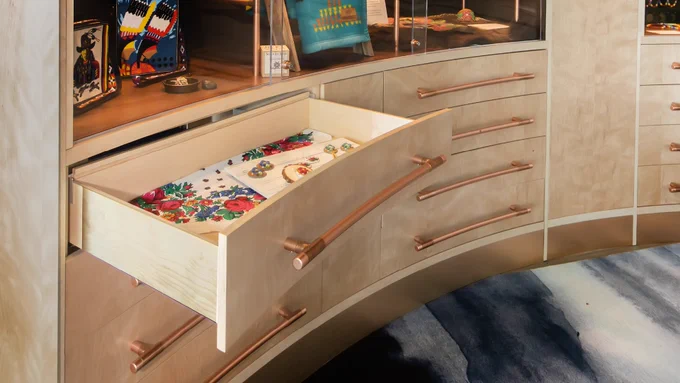 Photo of Indigenous handcrafted products in a drawer at the Indigenous Interpretive and Retail Centre. 