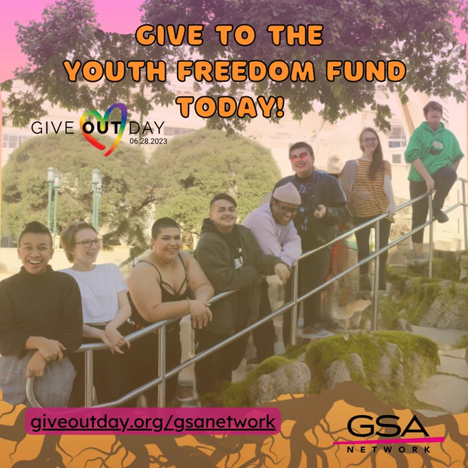 A photo of 8 youth from our TRUTH council posing and smiling over a staggered staircase banner takes up the entire graphic. There are trees above them extending to the top of the graphic, and at the bottom are roots of trees blended into the bottom of the photo. At the top in bold text reads "Give to the Youth Freedom Fund" 
Below  is the Give OUT Day logo. At the bottom by the roots is a link to our fundraiser giveoutday.org/gsanetwork.
