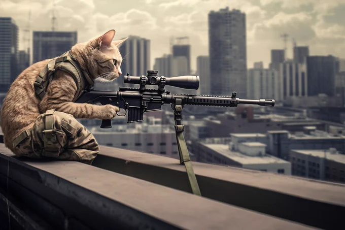 Cat aiming a sniper rifle, rooftop, Canon EOS 5D --ar  3:2