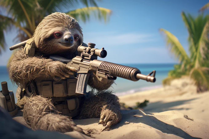 Sloth aiming a sniper with a magazine. Tropical Beach, Canon EOS 5D --ar 3:2
