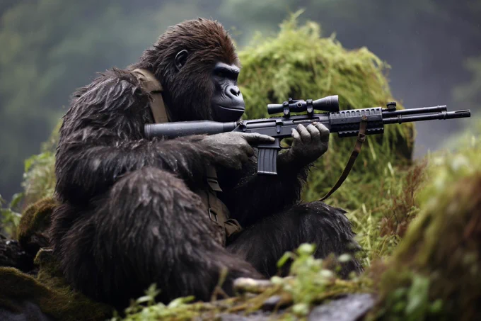 Gorilla aiming a sniper, himalayas, Canon EOS 5D --ar 3:2