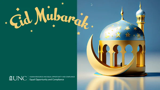 Mosque and crescent moon. Five-pointed stars. EOC logo in white. Text reads, “EidMubarak”.