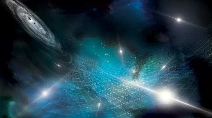 A stylized illustration of black holes colliding in the center of a spiral galaxy, with a rippling spacetime fabric extending outward from it, and bright shining stars with beams of light extending from their poles scattered through the image.
