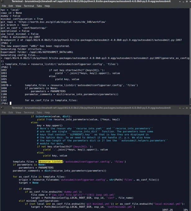 A screenshot with two shell terminals. Top shows the pdb session, and the bottom shows the vim code where resource_listdir is used.