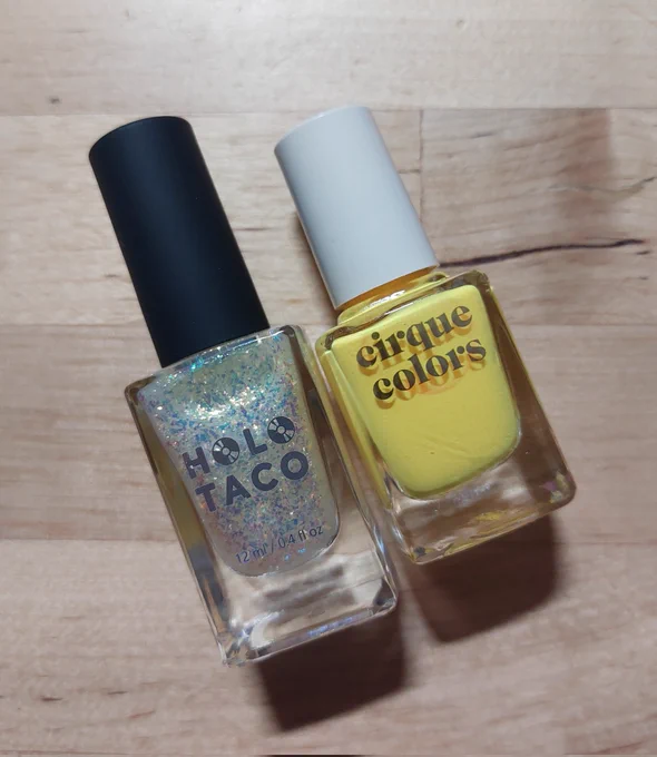 2 bottles of nail polish: an iridescent flake topper Holo Taco and a neon yellow Cirque Colors