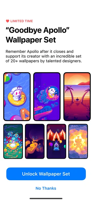 "Goodbye Apollo" wallpaper set screenshot, saying "Remember Apollo after it closes and support its creator with an incredible set of 20  wallpapers by talented designers." with a screenshot of some of the available wallpapers.