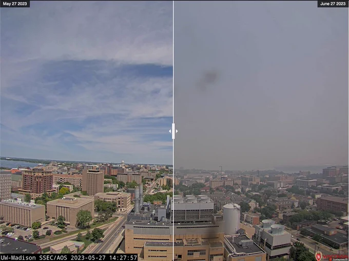 A screen capture of matching images of the Madison skyline with a slider that alternates between clear air om Nay 27, 2023 and air filled with wildfire smoke on June 27, 2023