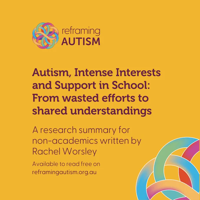Against a sunny yellow background, aubergine text reads Autism, Intense Interests and Support in School: From wasted efforts to shared understandings. A research summary for non-academics written by Rachel Worsley. Available to read free on reframingautism.org.au. The Reframing Autism logo is in the top lefthand corner and a large quadrant of the Reframing Autism knotwork is visible in the bottom righthand corner.
