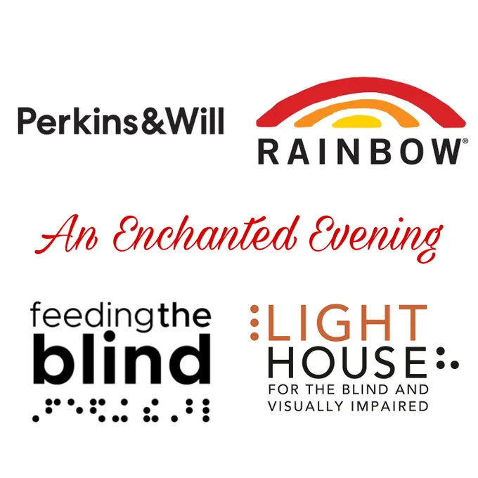 A composite image of the LightHouse, Rainbow Sandals, Perkins & Will and Feeding the Blind logos with the words "An Enchanted Evening" in the middle 