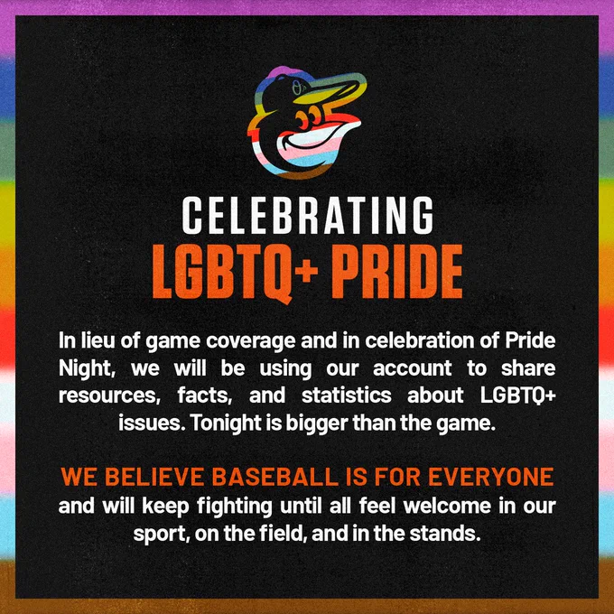 Celebrating LGBTQ  Pride 

In lieu of game coverage and in celebration of Pride Night, we will be using our account to share resources, facts, and statistics about LGBTQ  issues. Tonight is bigger than the game.

We believe baseball is for everyone and will keep fighting until all feel welcome in our sport, on the field, and in the stands.