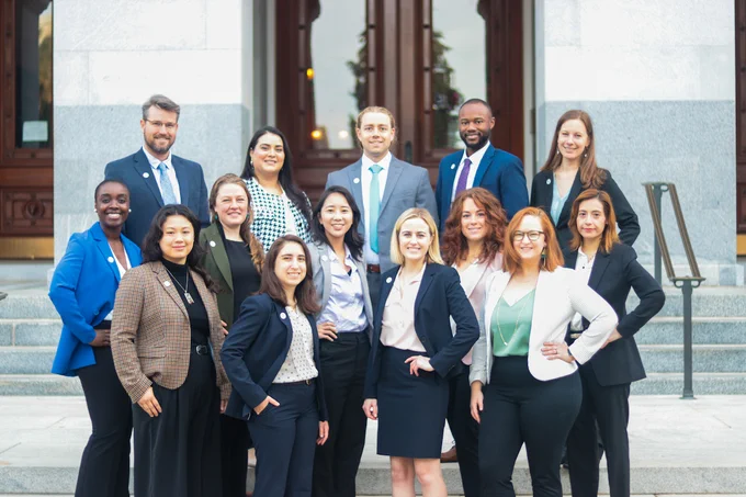 Photo of the 2023 CCST Science & Technology Policy Fellows standing in front of the California State Capitol.