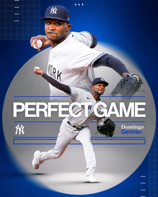 Domingo Germán Perfect Game.
Pictured: Two cutouts of Germán delivering a pitch Wednesday night at Oakland Coliseum. He wears a gray Yankees road uniform with blue lettering.