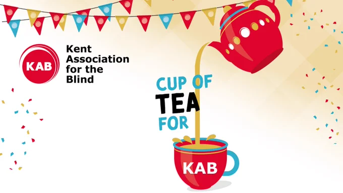 A red teapot pouring tea from up high into a cup. It reads cup of tea for KAB. Bunting above. And KAB logo