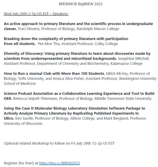 Program listing of talks

An active approach to primary literature and the scientific process in undergraduate classes. Traci Stevens, Randolph-Macon College

Breaking down the complexity of primary literature with participation from all students.  Yee Mon Thu, Colby College

Diversity of Discovery: Using primary literature to learn about discoveries made by scientists from underrepresented and minoritized backgrounds. Josephine Mitchell,  Kalamazoo College

How to Run a Journal Club with More than 100 Students. Mitch McVey, Tufts University, and Jessica Silva-Fisher, University School of Medicine

Science Podcast Annotation as a Collaborative Learning Experience and Tool to Build OER. Rebecca Seipelt-Thiemann,  Middle Tennessee State University

Using the Case It Molecular Biology Laboratory Simulation Software Package to Actively Analyze Primary Literature by Replicating Published Experiments In Silico. Ken Saville, Albion College, and Mark Bergland, University of Wisconsin