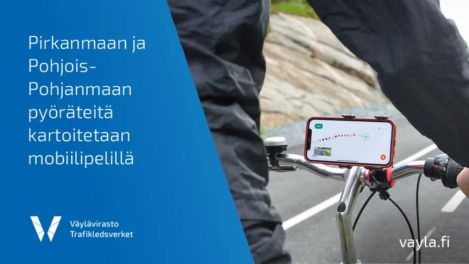 Crowdsorsa-sovellus toiminnassa puhelimessa, joka on kiinnitetty pyörän tankoon sekä teksti Pirkanmaan ja Pohjois-Pohjanmaan pyöräteitä kartoitetaan mobiilipelillä.