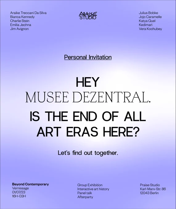 Musee Dezentral will join the PANEL TALK:
Is the end of art eras here? We talk about how AI shapes the future of art and what role art history plays in what’s coming next (at 20h).