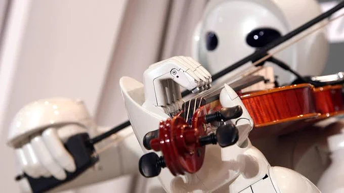 A futuristic image of a musician interacting with an AI-powered musical instrument or robot