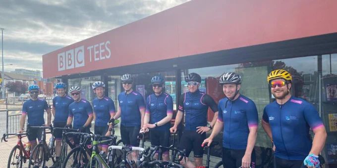 Team of cyclists from South Tees on their bikes outside BBC Tees. 