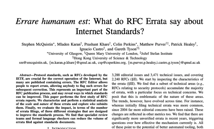 Front page of the paper "Errare humanum est: What do RFC Errata say about Internet Standards?"
