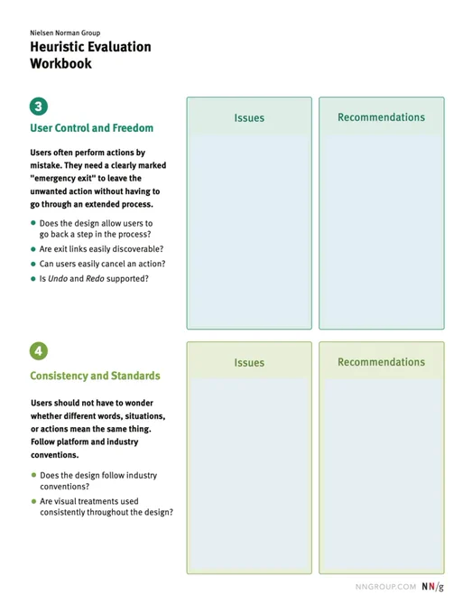 Example of the template, for 3. user control and freedom and 4. consistency and standards points of Nielsen's heuristics, with issues and recommendations