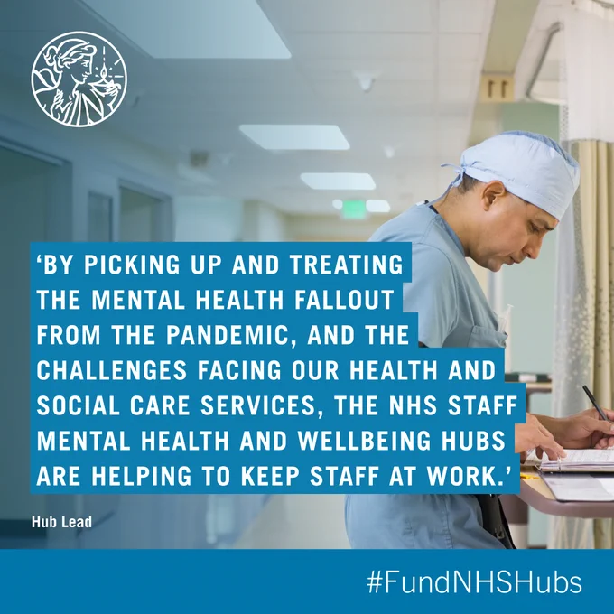 Text reads: 'By picking up and treating the mental health fallout from the pandemic, and the challenges facing our health and social care services, the NHS staff mental health and wellbeing hubs are helping to keep staff at work.' #FundNHSHubs. Photo of a nurse in a hospital corridor completing paperwork. 