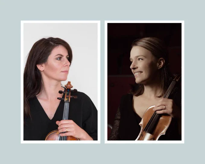 Photos of the dlr Musician In Residence Polish violinist Lidia Jewloszewicz Clarke on the right and her collaborator Irish violinist Larissa O’Grady on the left