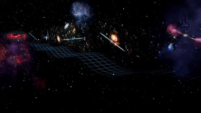 An artist’s rendering of gravitational waves from a pair of close-orbiting black holes (visible on the left in the distance) passing by several pulsars and the Earth (on the right).

Credit: Keyi "Onyx" Li/National Science Foundation