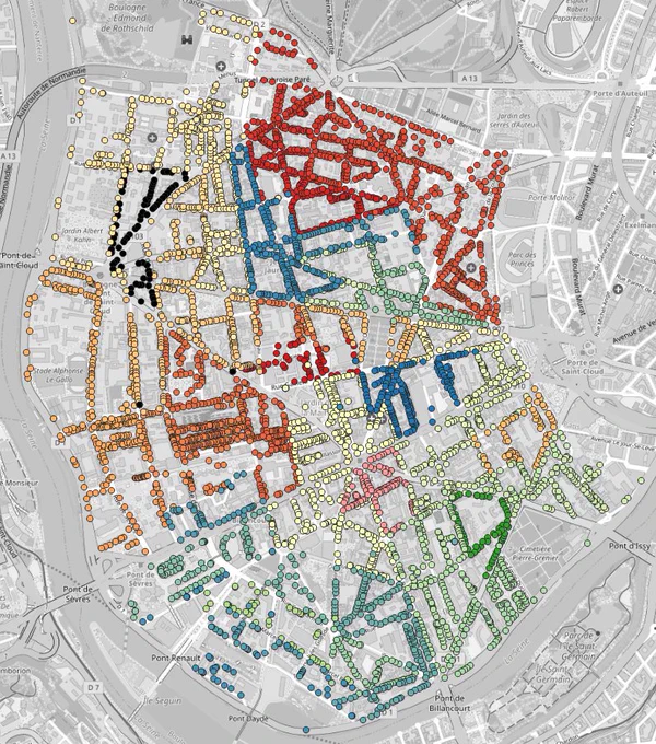 Carte des adresses des électeurs de Boulogne-Billancourt (92). Chaque couleur de point représente un bureau de vote