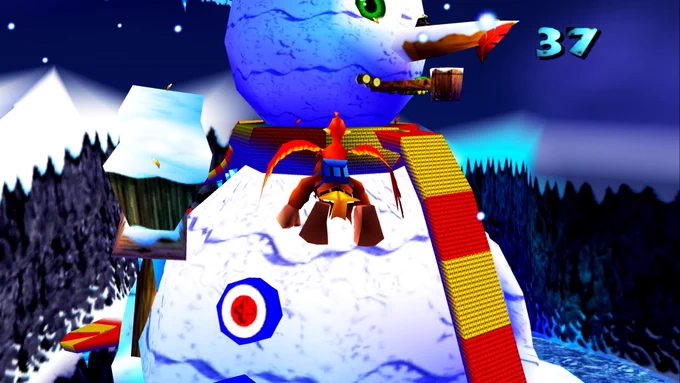 A bear is held in the air by a red bird sitting in his backpack, the two fly towards a gigantic snowman.