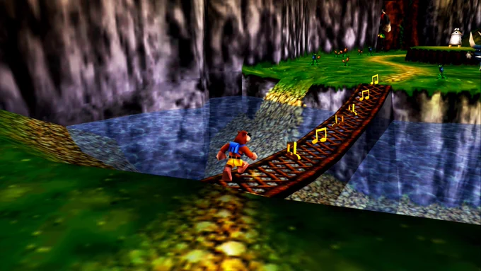 A bear wearing yellow shorts and a blue backpack runs across a bridge collecting a line of golden music notes.