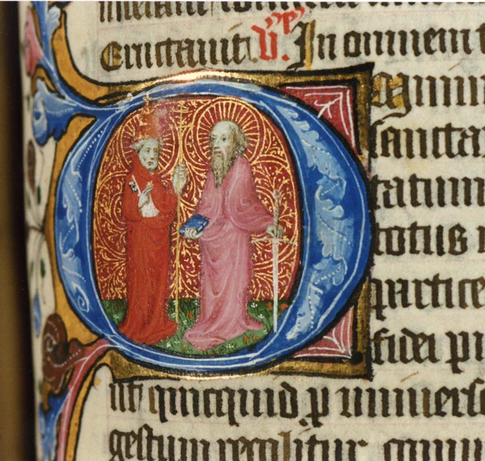Decorated initial depicting St. Peter and St. Paul. Paul carries a book and sword and Peter holds a key.