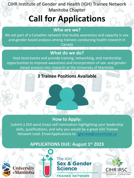 Poster reads: CIHR Institute of Gender and Health (IGH) Trainee Network Call for Applications

Who are we? We are part of a Canadian network that builds awareness and capacity in sex-and gender-based analysis among trainees conducting health research in Canada.

What do we do?  Host local events and provide training, networking, and mentorship opportunities to improve awareness and incorporation of sex- and gender-based analysis into research at the University of Manitoba.

3 Trainee Positions Available.

How to Apply: Submit a 350 word (max) self nomination highlighting your leadership skills, qualifications, and why you would be a great IGH Trainee Network Lead. Email Applications to: ightnmb@umanitoba.ca. APPLICATIONS DUE: August 1st 2023

The poster is green and white with a science-themed background and has logos of the University of Manitoba, IGH Sex and Gender Science Trainee Network and CIHR at the bottom.