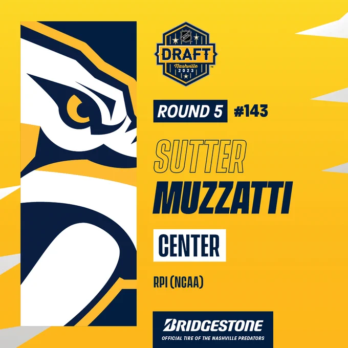 NHL Draft Graphic. The text says "Round 5 Number 143. Sutter Muzzatti. Center. RPI (NCAA)." The Bridgestone logo is on the bottom.